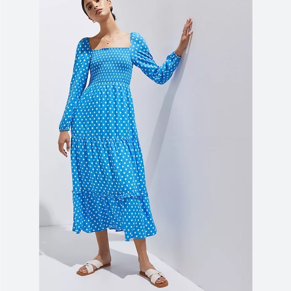 Anthropologie Dolan Blue Polka Dot Smocked Midi Dress Women’s Medium